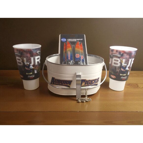 Auburn Football 7-Piece Fan Set – Metal Drink Bucket, 2 Cups & 4 NEW Steak Knive - Picture 2 of 16